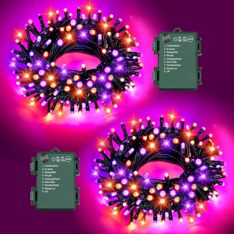 FFZZKJ Halloween Lights String Total 100LED Battery Operated Outdoor 8 Modes with Timer 16.4Ft*2, 50LED*2 Waterproof Fairy Lights Indoor for Halloween Decor, Orange&Purple, 2-Pack - Image 1